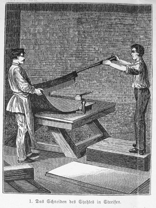 The manufacturing process of steel nibs. Cutting the steel into strips