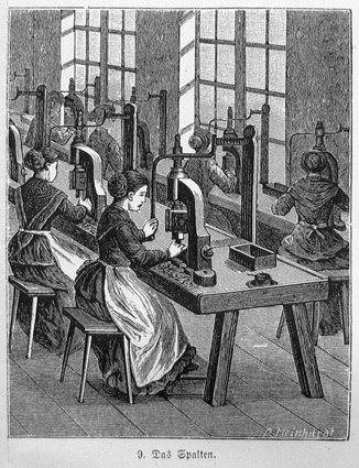 The manufacturing process of steel nibs. Splitting the nibs.