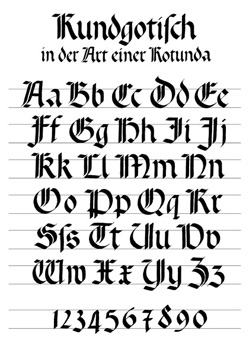 Kalligraphie-Schrift-Vorlage, Alphabet Rundgotisch in der Art einer Rotunda