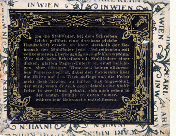 Information on the back-side of a pen nib box, Carl Kuhn & Co, Vienna, Austria